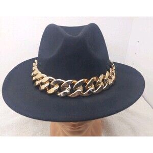 Kendall + Kylie Black Fedora Hat With Gold Chain 13 1/2" X 12 1/2"  Pre-owned